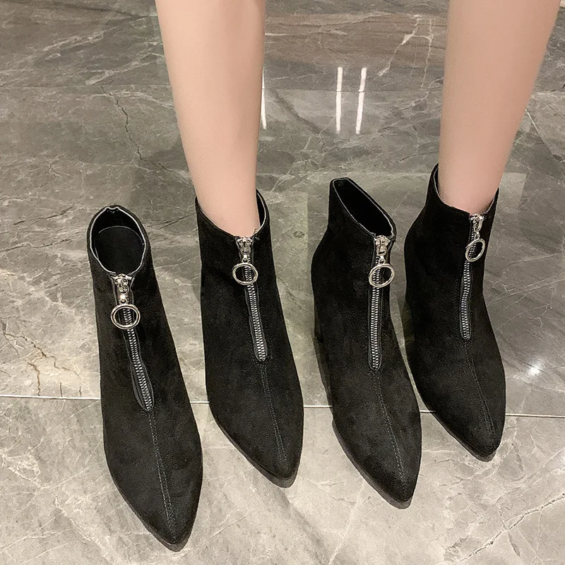 

Elastic Boots Pointed Toe Leather Boots Winter British Style Versatile Slim Boots High Heel Short Boots for Women Chunky Heel
