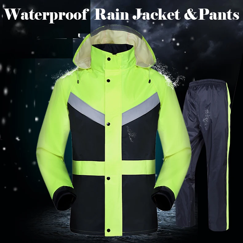 High visibility yellow lime green split raincoat with reflective strips tapes rain suit rainwear jacket & pants fast shipping