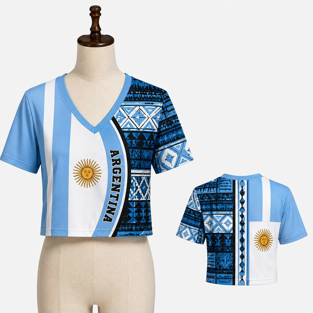 Womens Argentina V Neck Crop T Shirt Sky Blue White Sun Graphic Short Sleeve Casual Streetwear Top Summer Fashion Wear New Looks view 3