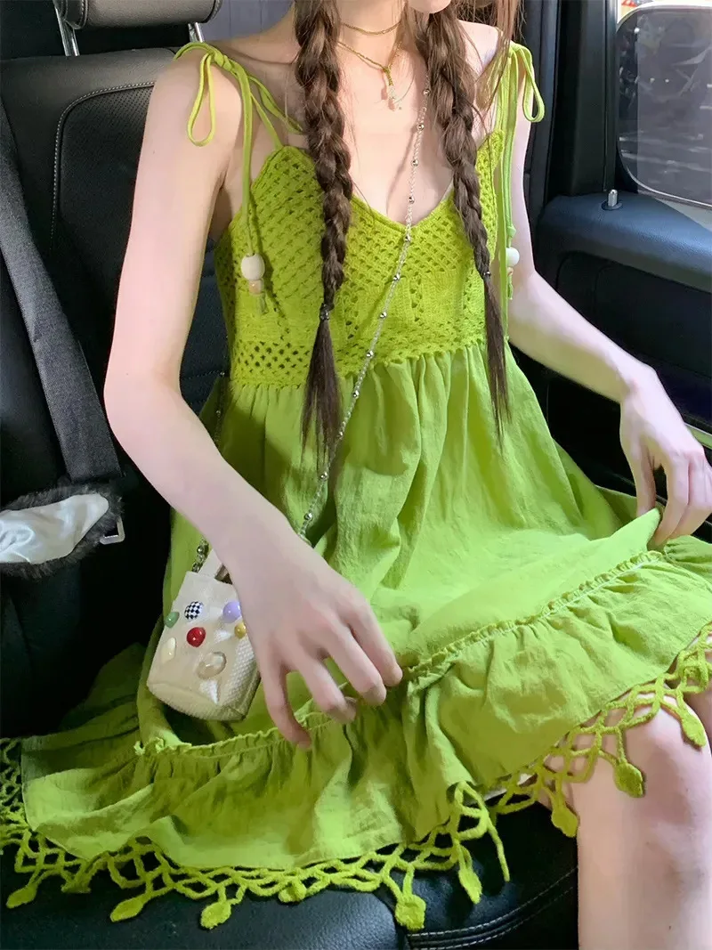 Vestido Camisero Verde de Mujer, Tejido a Crochet con Detalles de Encaje, Vestido Midi sin Mangas Estilo Bohemio, Ropa Casual de Verano y Playa