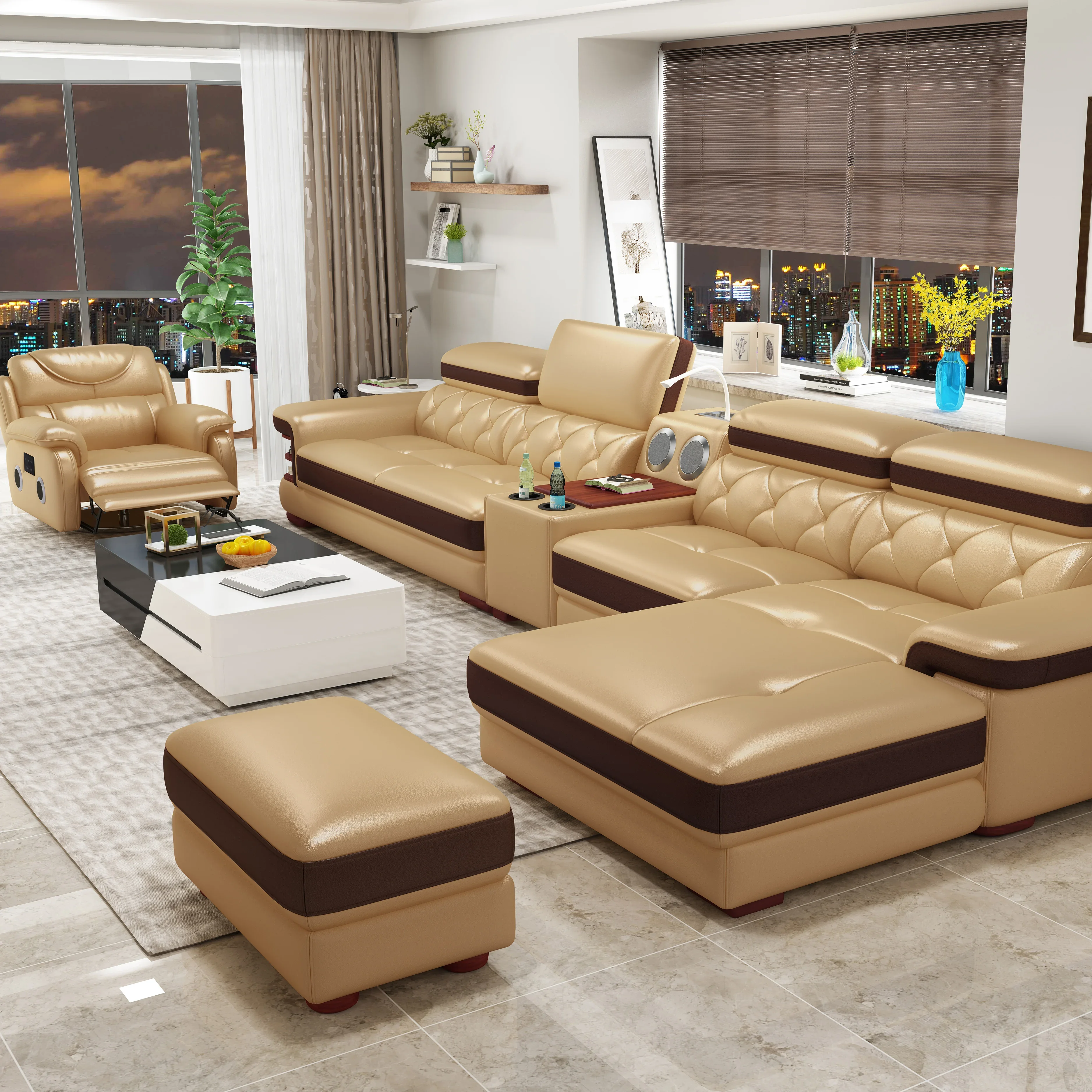 

-Modern Leather Sofa Reclinable Massage Electric Sofa Set With Bluetoo USB European Multifunctional Sofas Living Room Furniture