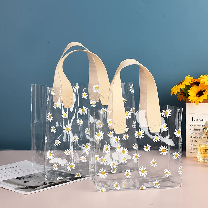 Clear Pvc Tote Bag For Women Waterproof  Transparent Shopping Bag With Little Daisy Pattern Wedding Gift Bag Candy Packaging Bag