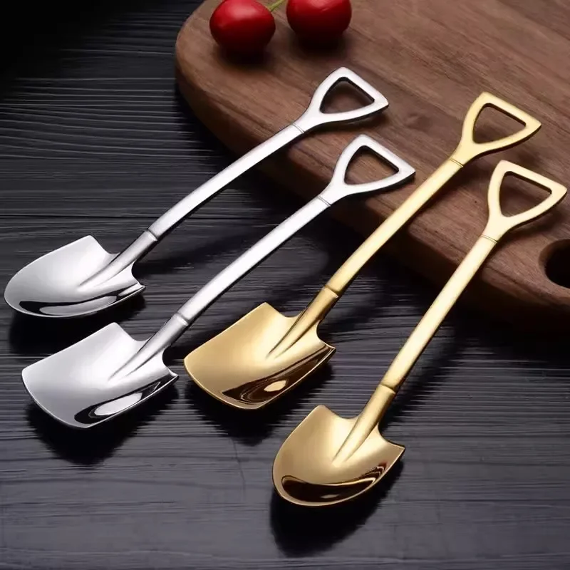 20/2Pcs Stainless Steel Shovel Spoon Gold Silver Coffee Teaspoon Fruit Ice Cream Dessert Spoons Scoops Kitchen Tableware Set