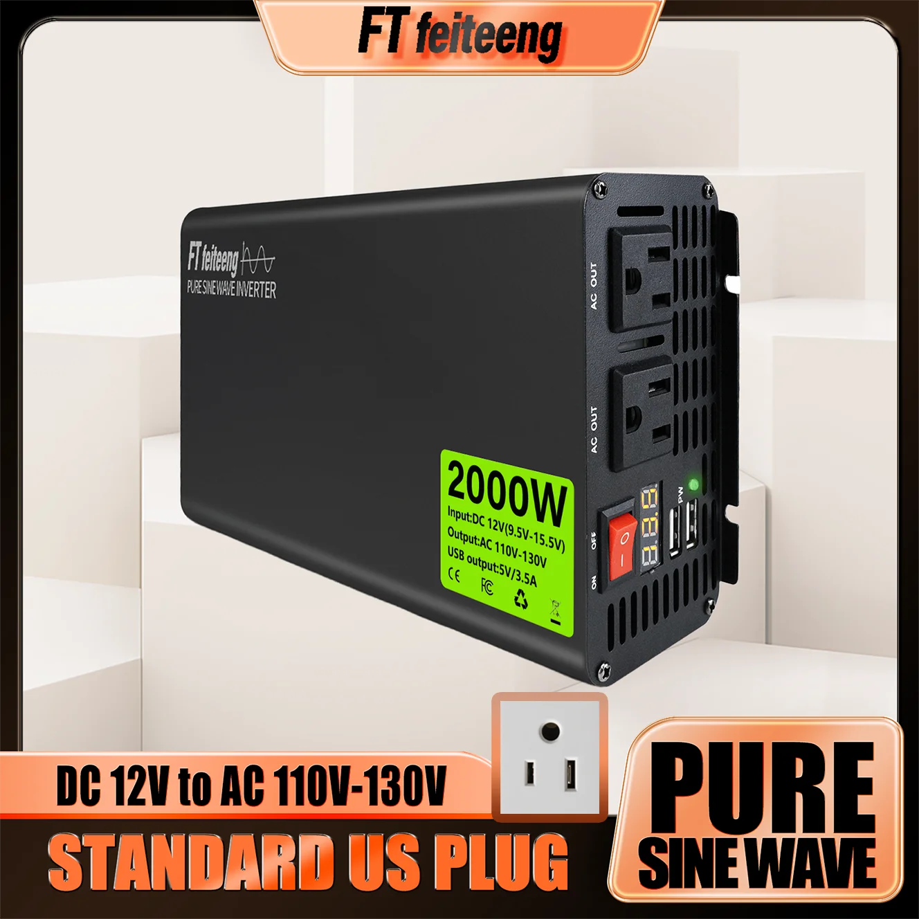 

FT FeiteengInverter With Pure Sine Wave 2000W 12V to 110V Converters RV & Camping Power Converter for car with 2 USB ports