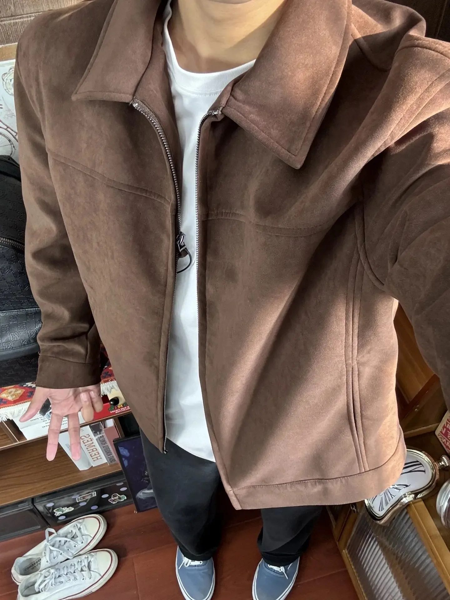 

Карамельный замшевый бейсбольный джет, мужской осенний американский воротник с воротником из полиэфирного волокна, длинный свек, прямой подол, антибактериальный