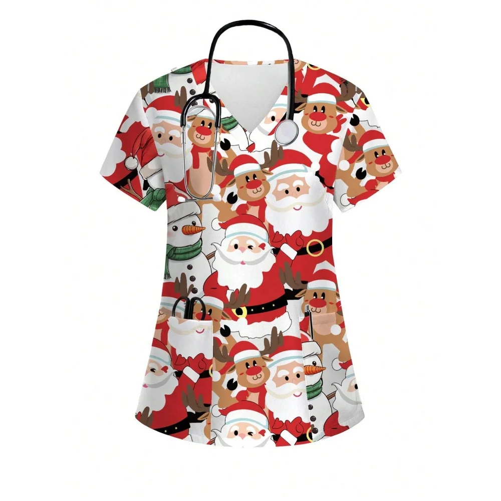 New Year 2026 Festival Short Sleeve Clinical Uniforms Women's Casual Minimalist All-Over Christmas Print Nurse Scrub Uniform Top