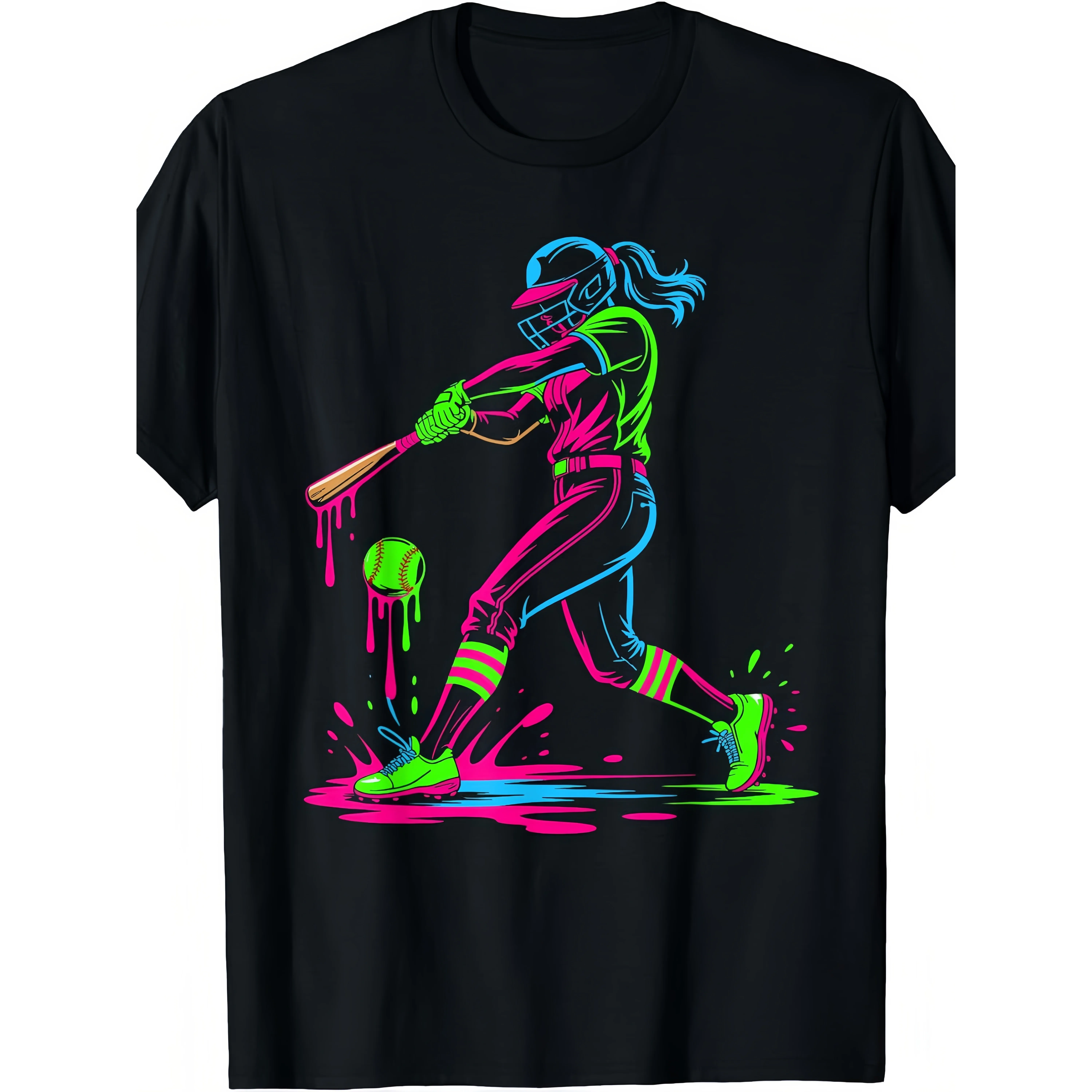 Neon Softball Player Graphic T-Shirt for Men, Cotton Loose Fit Summer Casual Tee