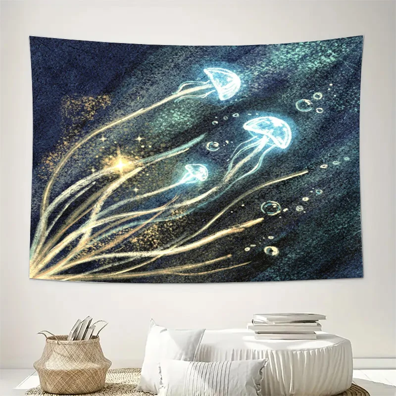 Cosmic Jellyfish Galaxy Tapestry Wall Hanging Blue Ocean Deep Sea Abstract Cosmic Galaxy Art Decoration Prints for Bedroom Livin