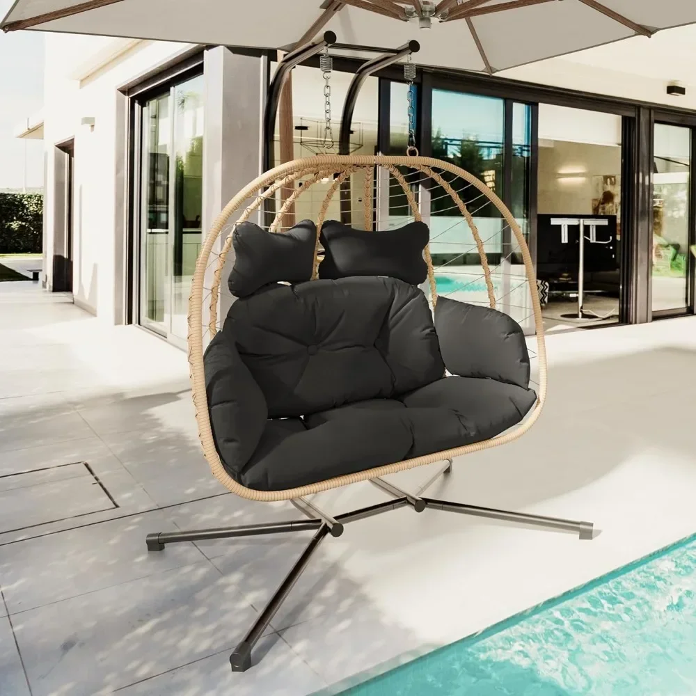 Double Indoor/Outdoor Wicker Swing Egg Chair Hammock Foldable Hanging Loveseat with Stand, UV Resistant Removable Cushions