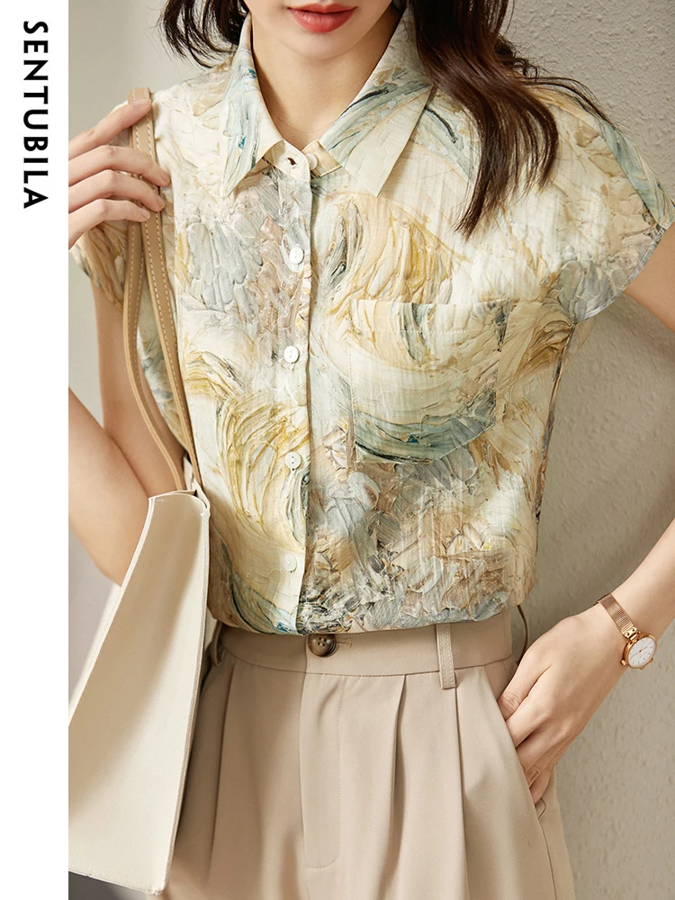 SENTUBILA Summer Shirts For Women 2024 Fashion Chinese Brush Painting Roglan Sleeves Stand Collar Elegant Blouses & Shirts