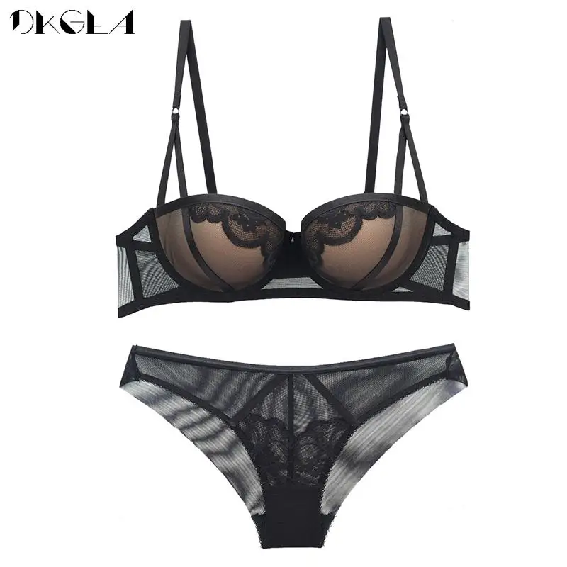 Bandage Push Up Bra Sets 1/2 Cup Brassiere Sexy Fashion Black Thick Deep V Gather Underwear Set Women Lingerie Lace Embroidery