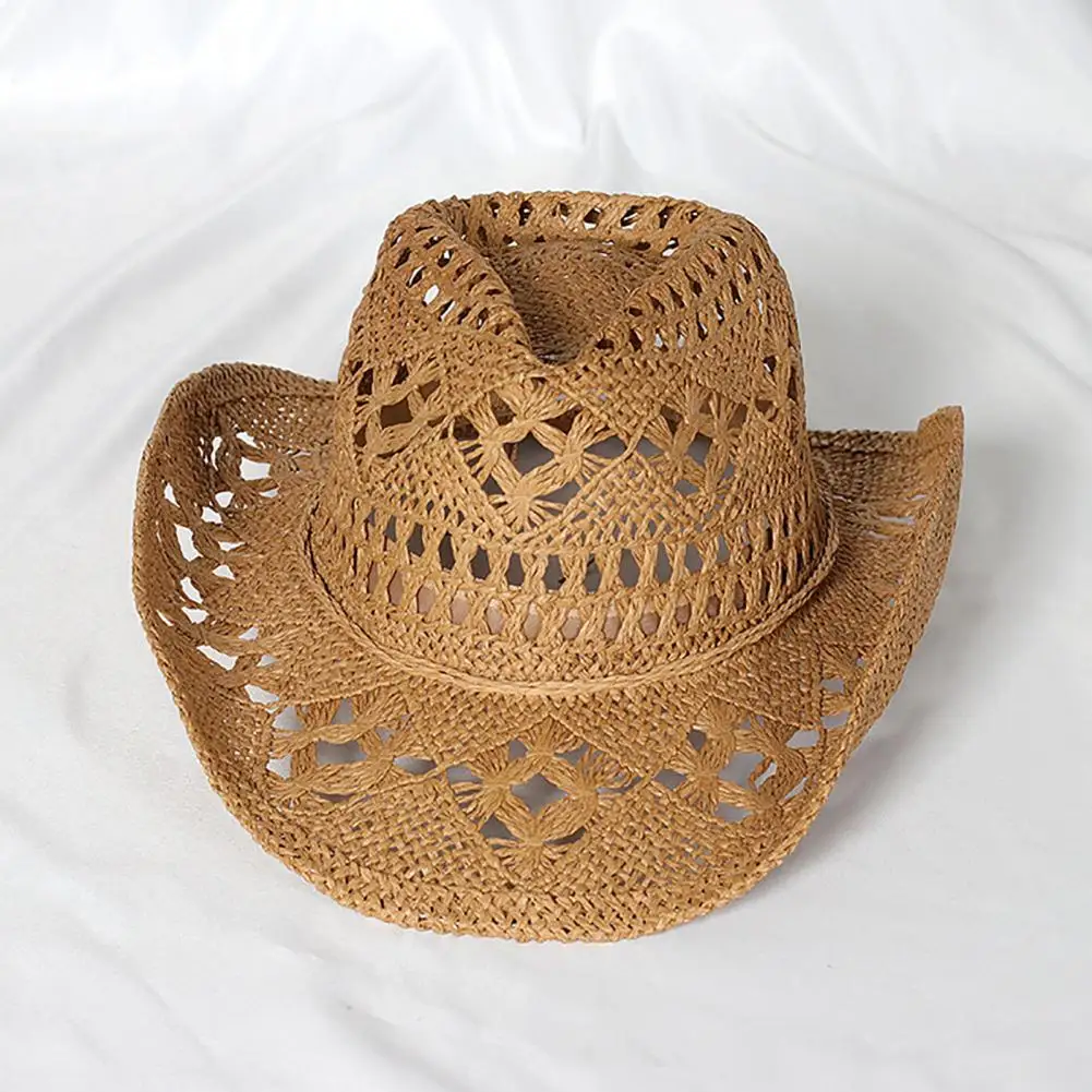 Women Cowboy Hat Unisex Hollow Out Summer Hat Solid Color Curled Edge Strap Jazz Hat Decorative Vintage Braided Straw Hat