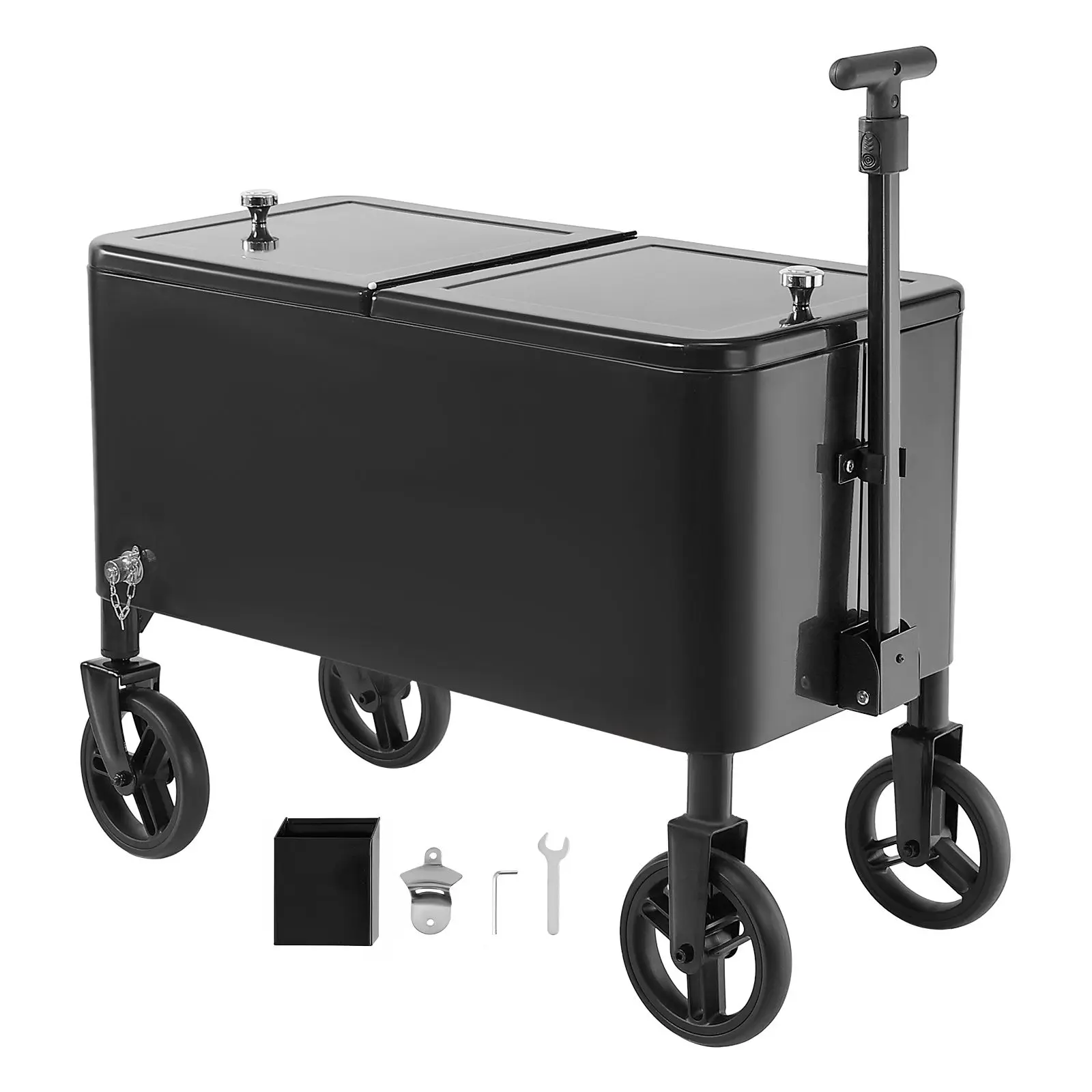 80 Quart Rolling Ice Chest Cart, with 2-Stage Telescopic Pull Handle and 2 Swivel Casters, Portable Table Beach Patio Party Bar