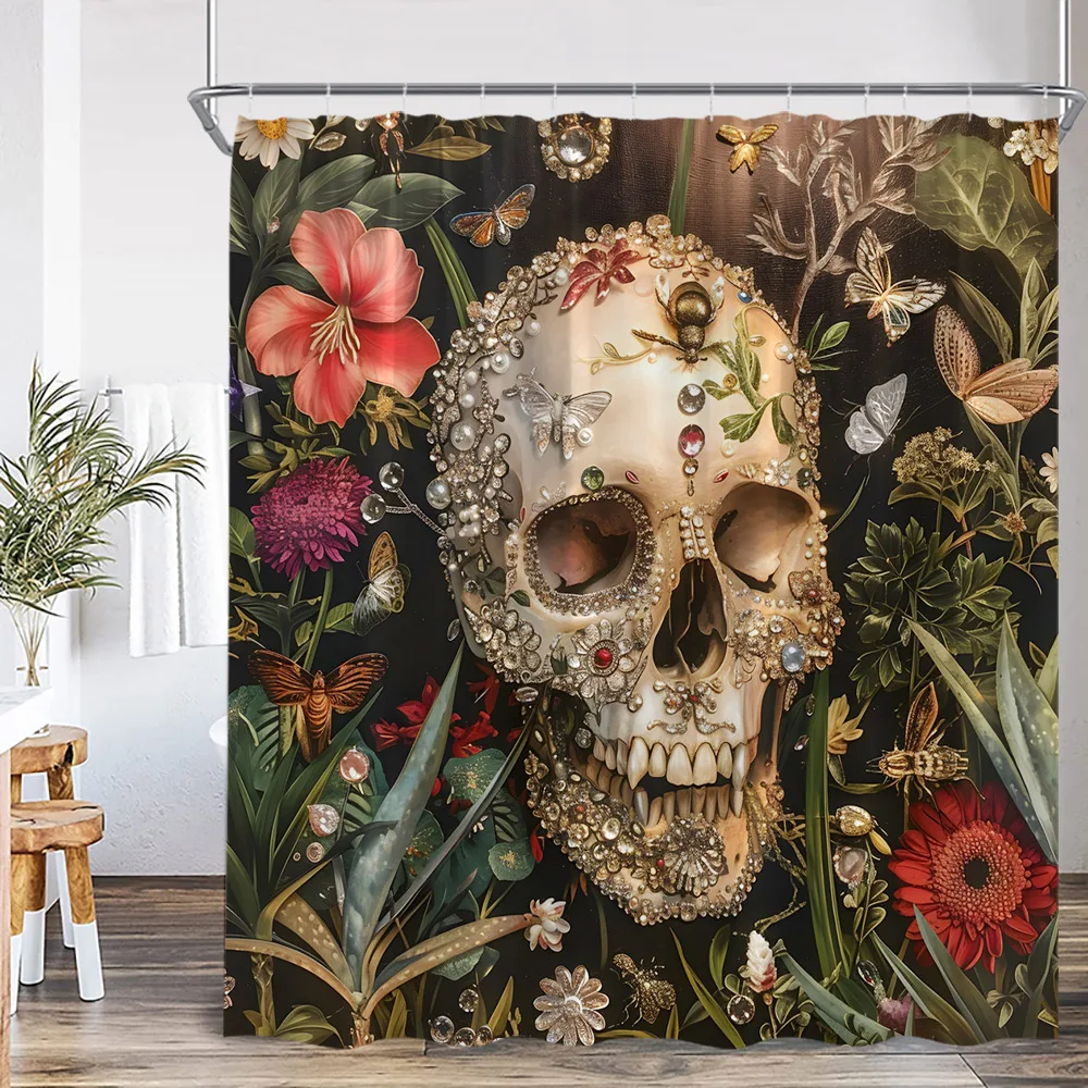 Funny Skull Skeleton Shower Curtain Halloween Scary  Bathroom Decortaion Happy Halloween Floral Polyester Bath Curtain with Hook