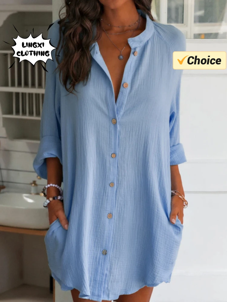 2024 Summer Fashion New Resort Style Elegant Women's Cotton Linen Shirt Solid Color Single Breasted Pocket Beach Sunscreen Shirt