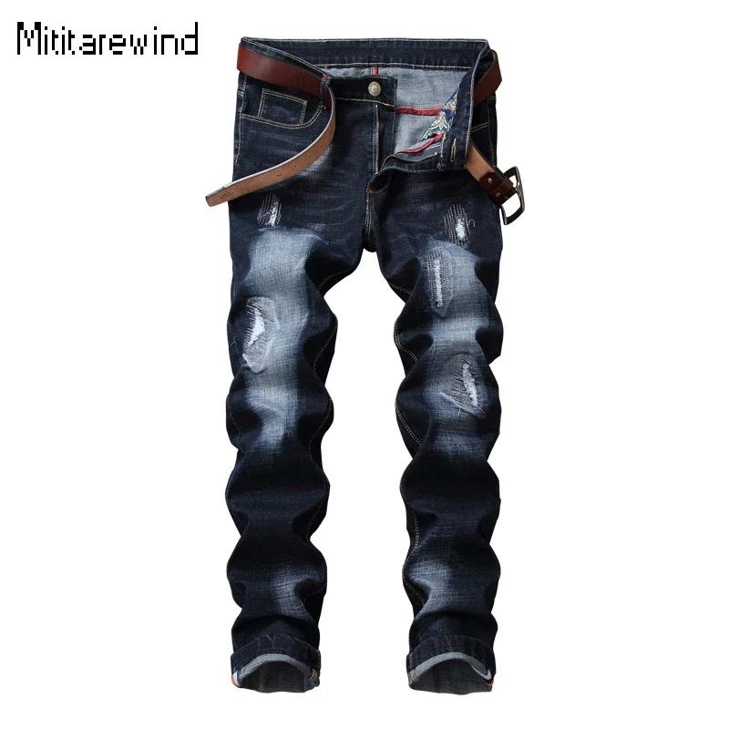 

Four Seasons Blue Ripped Jeans for Men High Street Casual Slim Jeans Hole Frayed Straight Jeans Simple Fashion Men's Denim Pants