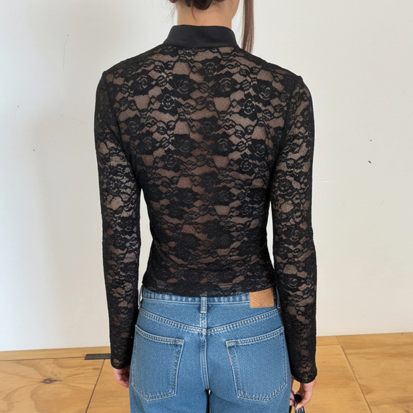 SUCHCUTE Chinese Collared Button-Up Lace T-Shirt Sexy Black Sheer Crop Tops Women Y2k Skinny Long Sleeve Tees Chic Slim Pullover