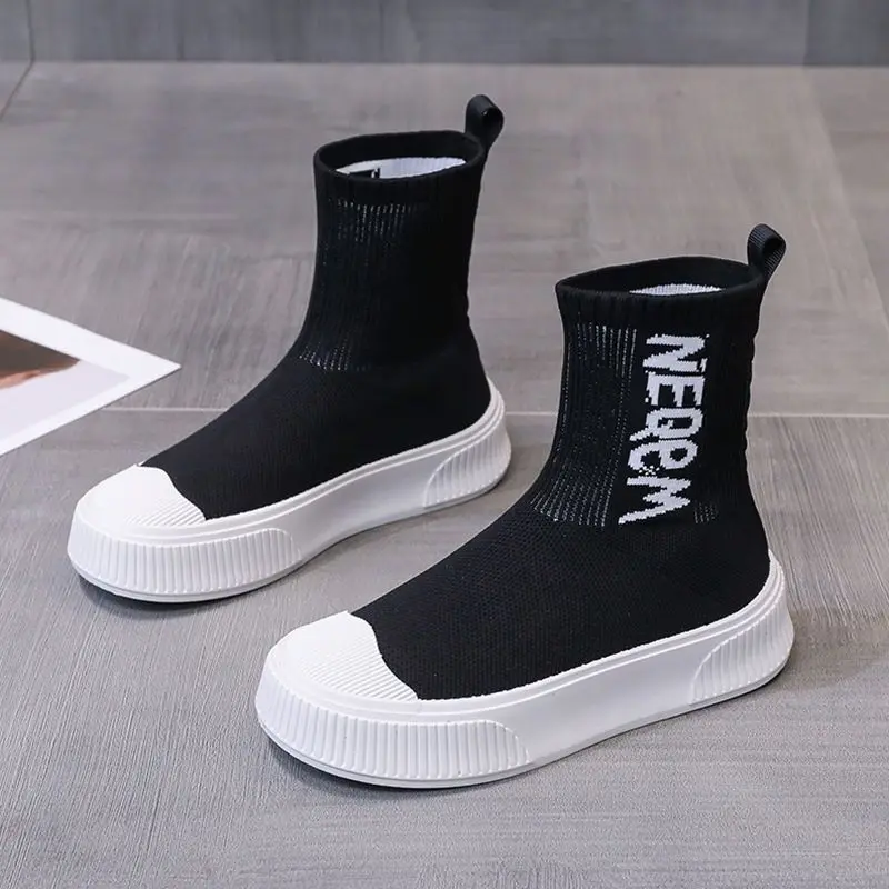 2024 Footwear Chunky Black Sneakers Women\'s Ankle Boots Platform Flat Booties Sock Sports Short Shoes for Woman Fashion Boot Y2k