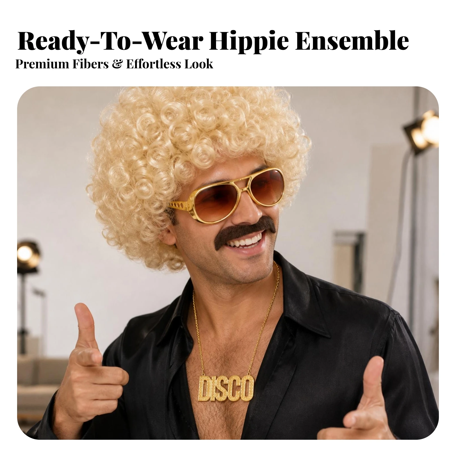 Afro Hairpiece with Sunglasses and Necklace Curly Hippie Costume Kit Hippie Costume Set Party Hairpiece with Beard Set Synthetic