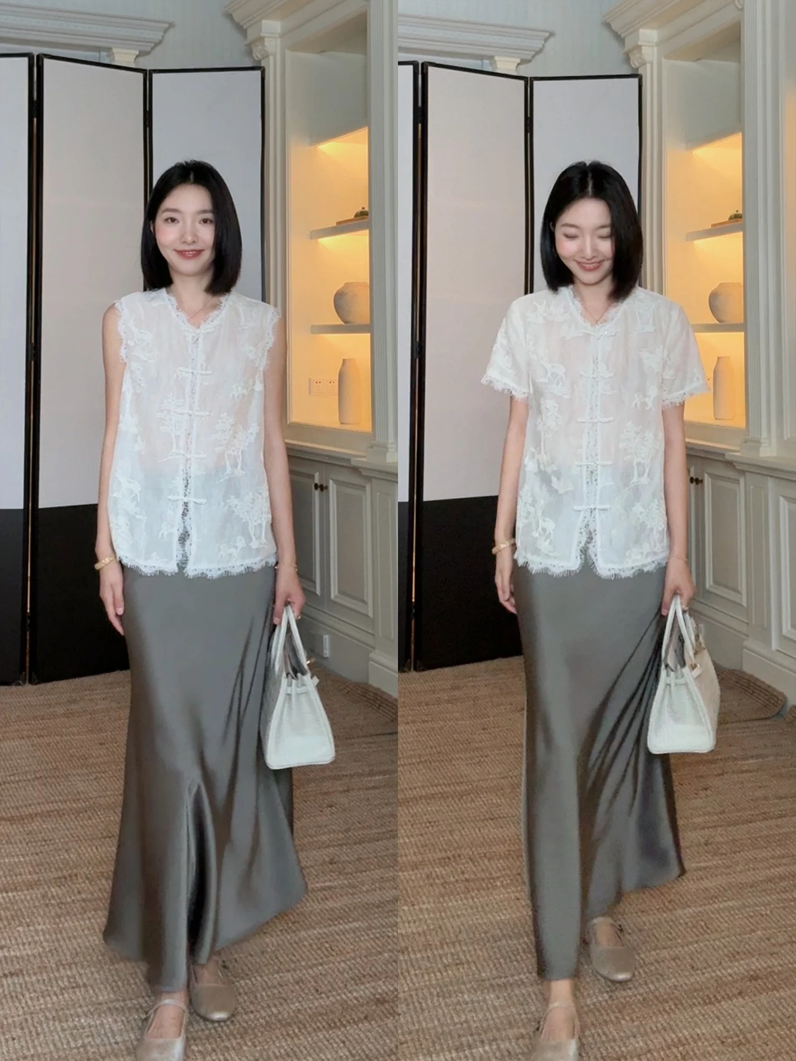 

Elegant New Chinese Style Embroidered Lace Top And Fish Tail Half Skirt Set in Satin Fabric for Women Summer Fashion