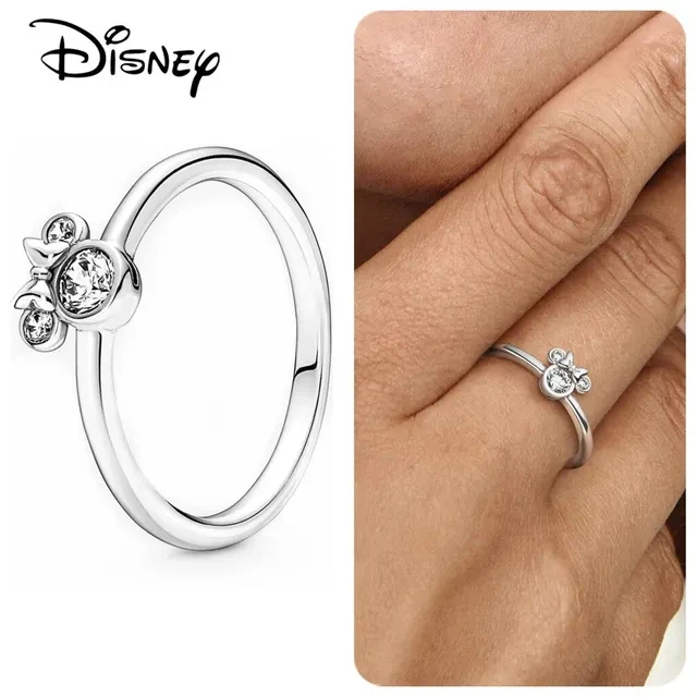 Anelli da dito da donna originali in argento sterling 925 per donna Argento con pietra di zirconi Rosso Miniso Disney Minnie Bow Gioielli di Topolino
