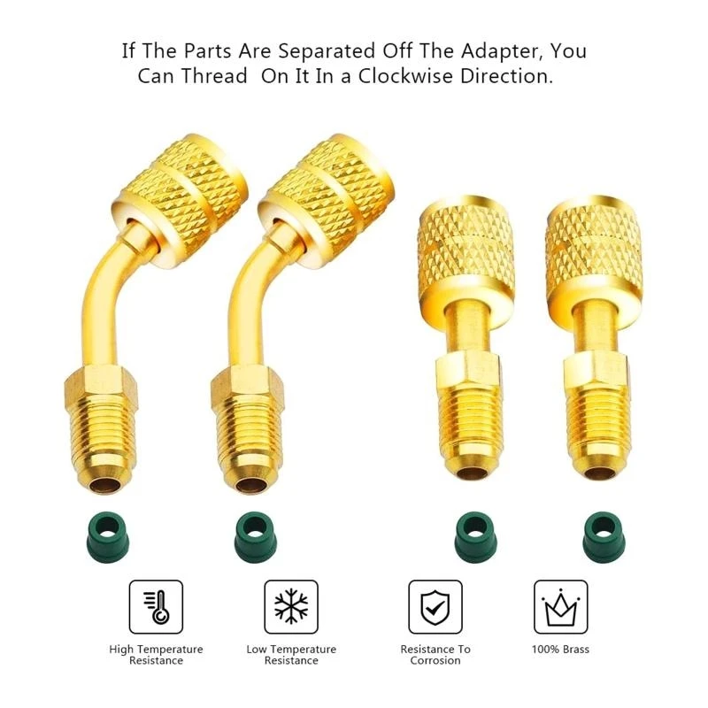 Brass Adapter R410A Adapter 2 Straight Adapter with 2 Angled Adapter 5/16 inches SAE Female to 1/4 inches SAE MaleFlare N2UD