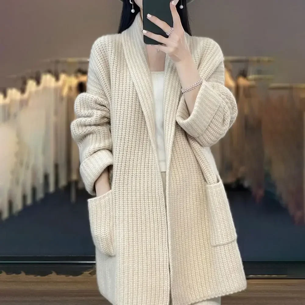 New Korean Version of Goat Mid Cardigan Sweater Simple Open Stitch Sweater Loose Languid Lazy Knit Sweater 2024 Autumn Winter