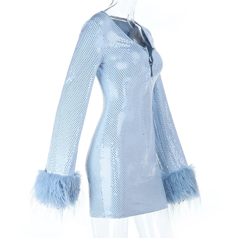 Stsss feminino azul lantejoulas vestido nova moda outono profundo decote em v manga longa decoração de pele do falso magro bodycon festa clube mini vestido