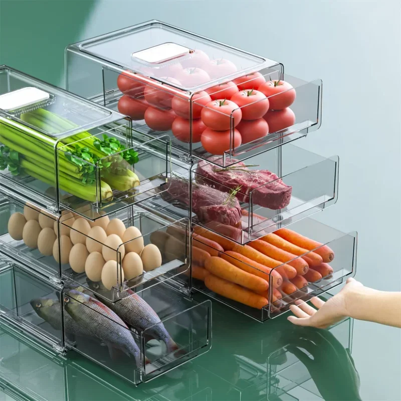 Refrigerator Storage Organizer Bins Plastic Stackable Storage Box with Drawers Pull-Out Cabinet Containers, for Fridge Kitchen