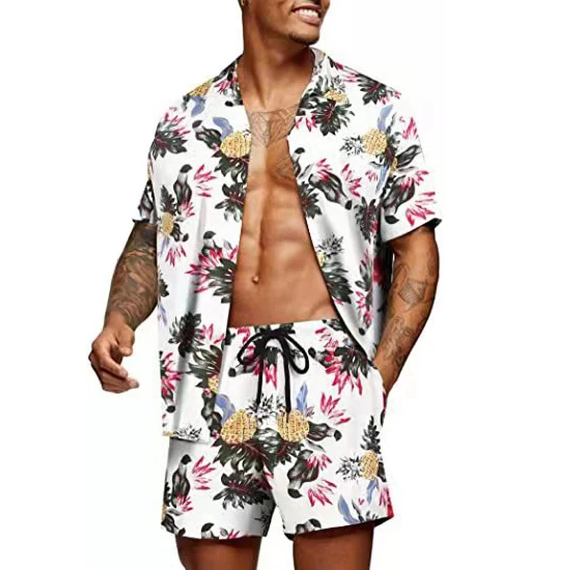 Floral 2PCS Shirts Suits Men Fashion Shirts+Shorts 3D Two Piece Sets Hawaii Shirts Beach Shirt Sets Boy Beach Vocation Outfits