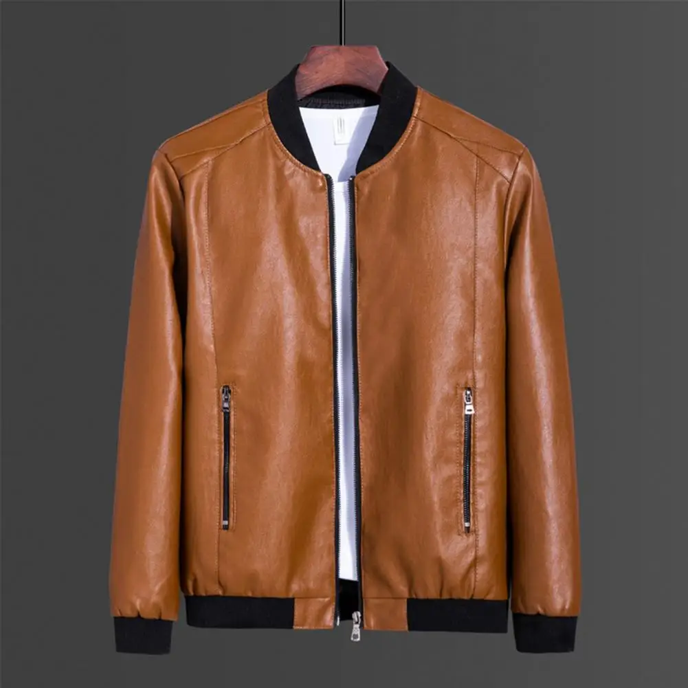 

Men Faux Leather Jacket Men Baseball Jacket Vintage Leather Men's Winter Jacket Windproof Stand Collar Motorcyle Cardigan Coat