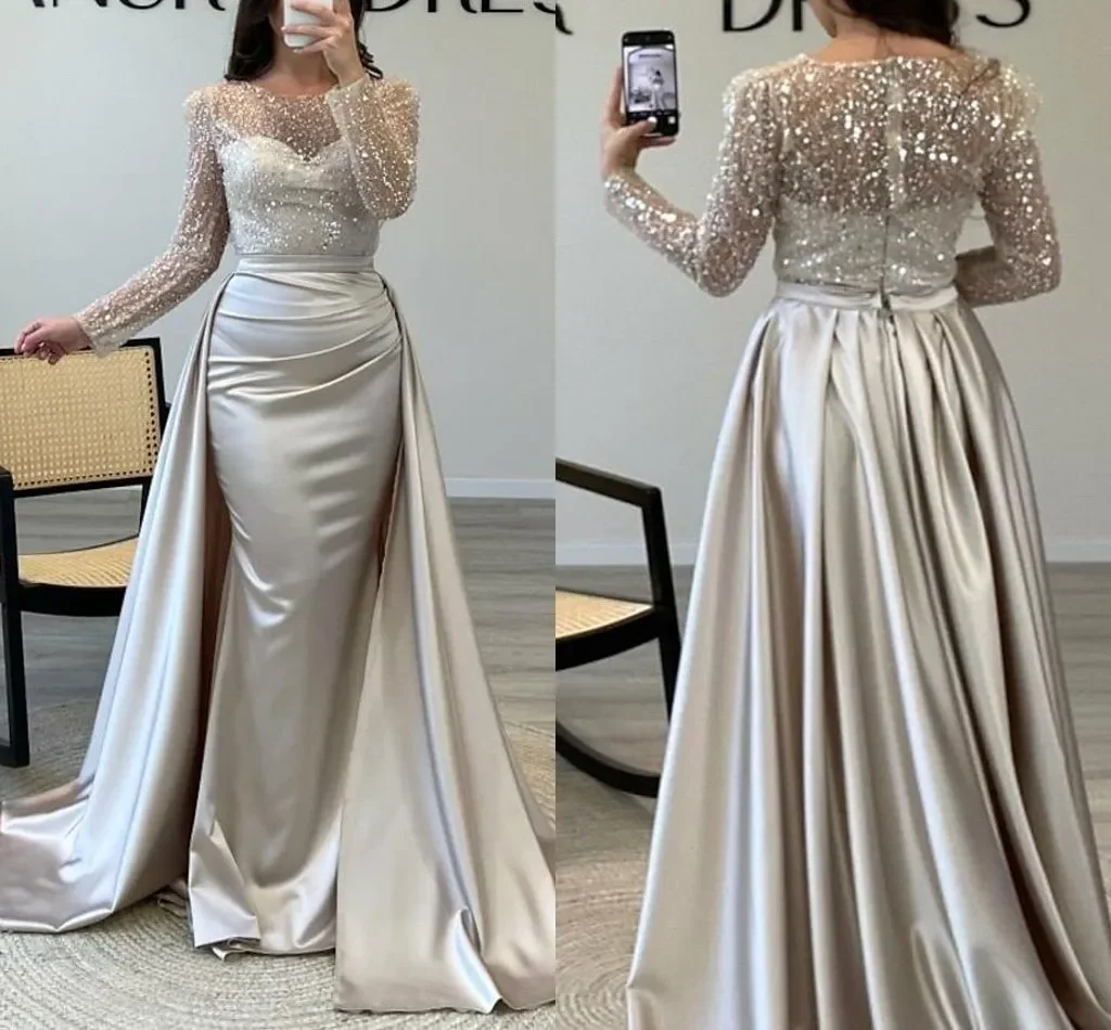 

Customized Elegant And Retro Lace Long-Sleeved Party Evening Dress Round-Neck Crystal Beaded And Detachable Skirt Ball Dress