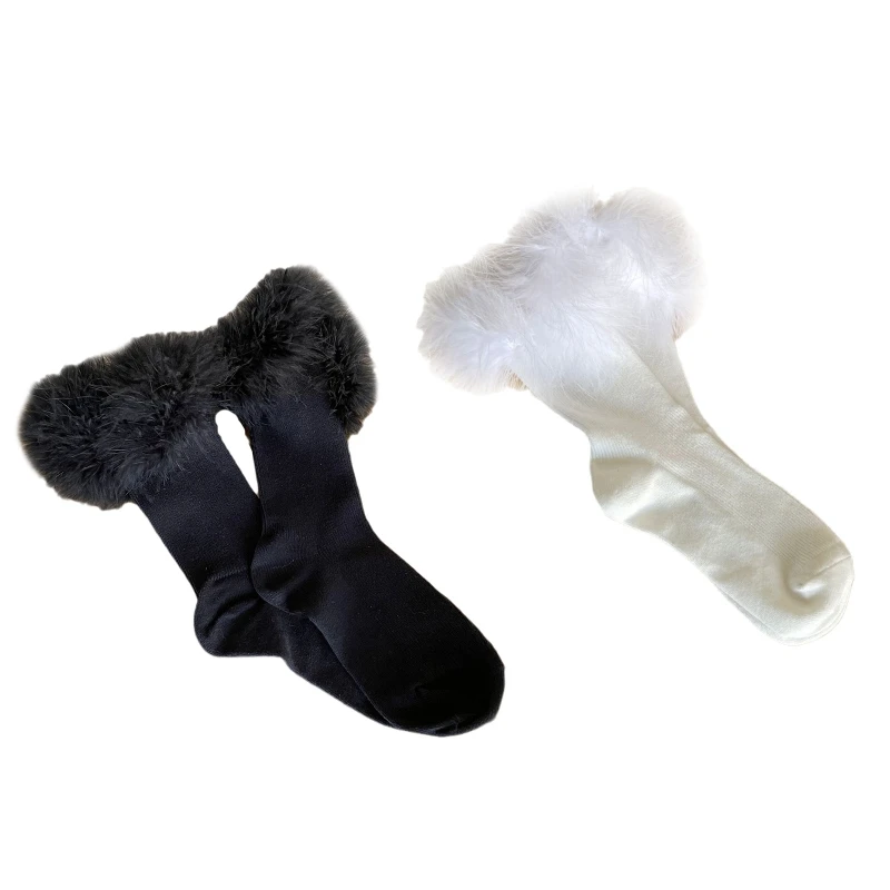 

Women Girls Winter Ribbed Cotton Calf Socks Harajuku Japanese Sweet Furry Fake Princess