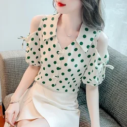 Woman Spring Summer Style Blouses Shirts Lady Casual Short Sleeve Off Shoulder Polka Dot Printed Blusas Tops DD9480