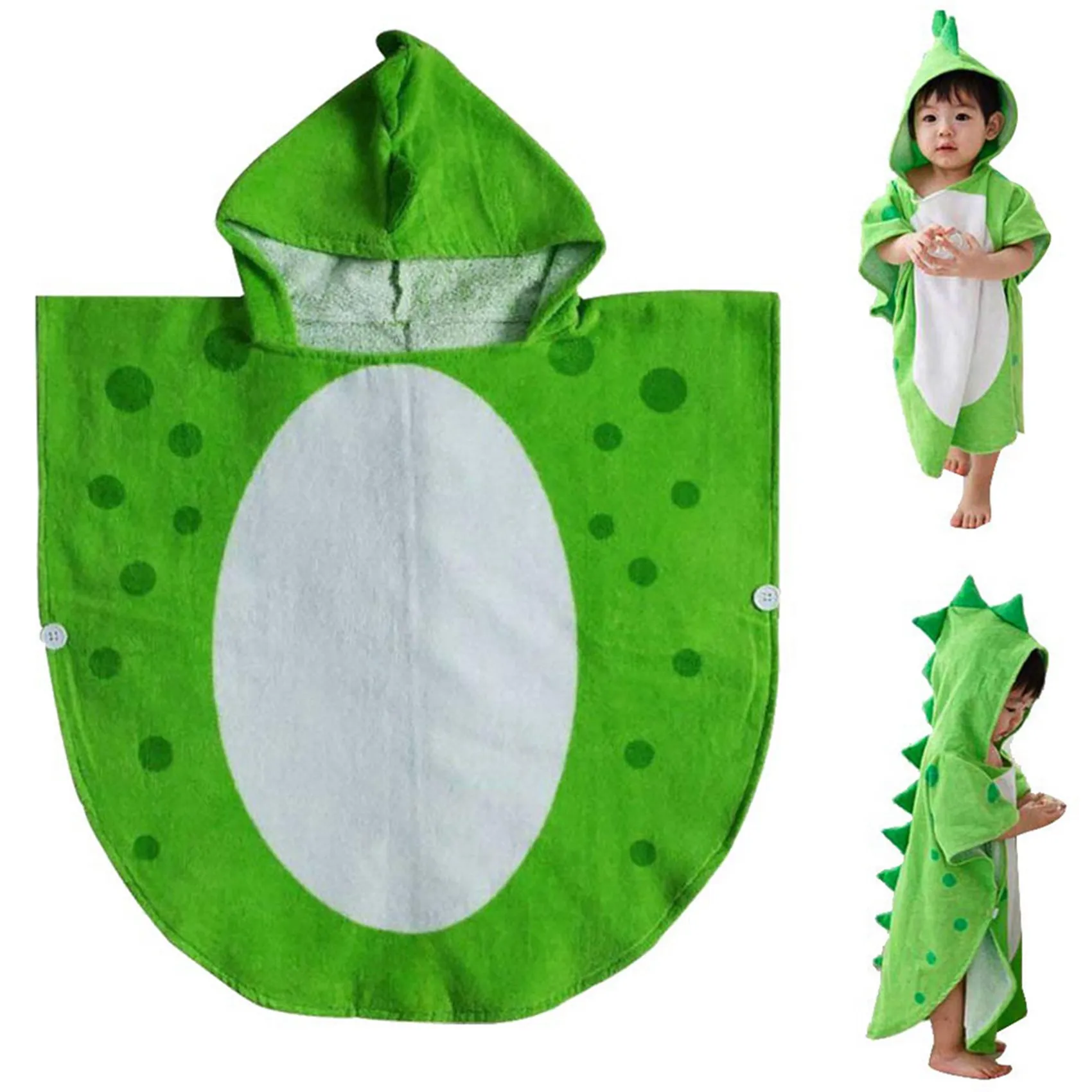 

A04F-2X Children Bath Towel Robe Kids Hooded Beach Swimming Poncho Dinosaur Pattern(Green+White 55 Cm X 110 Cm)
