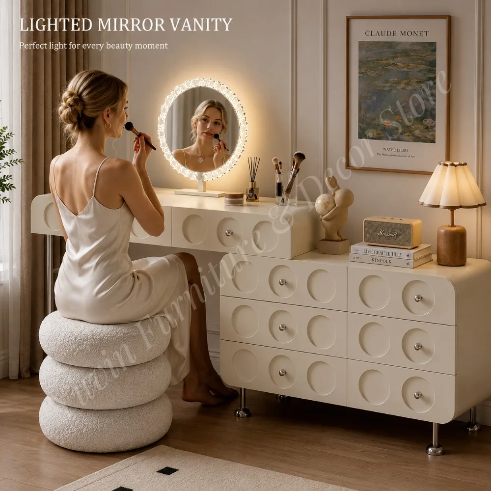 Wholesale Modern Dressing Table Set with LED Touch Mirror Drawers Stool for Bedroom