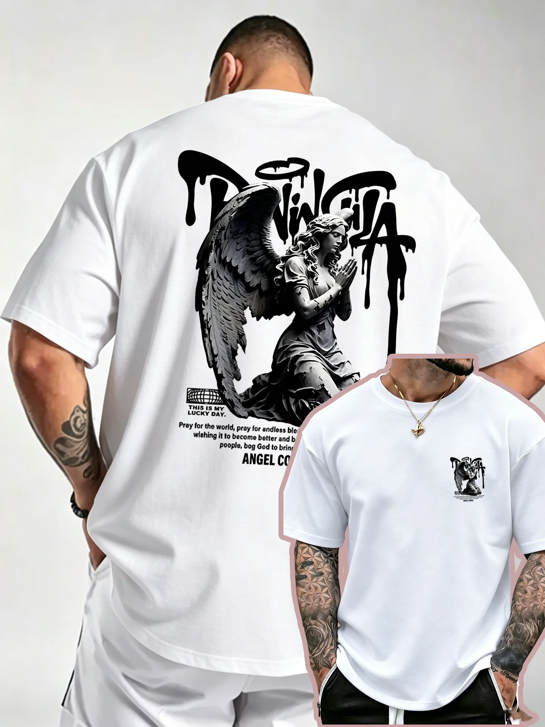 Vintage Praying Angel Statue Print Letter Graphic Trendy Streetwear Short-Sleeve T-Shirt for Young Men, Men's Women Loose Fit