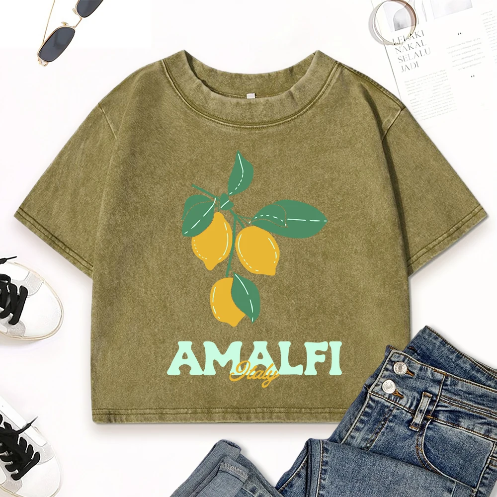 

Amalfi Italy Lemon Fruit Print Women Washed T Shirts Cotton Fitness Top Summer All-Match T-Shirts O-Neck Slim Sportswear