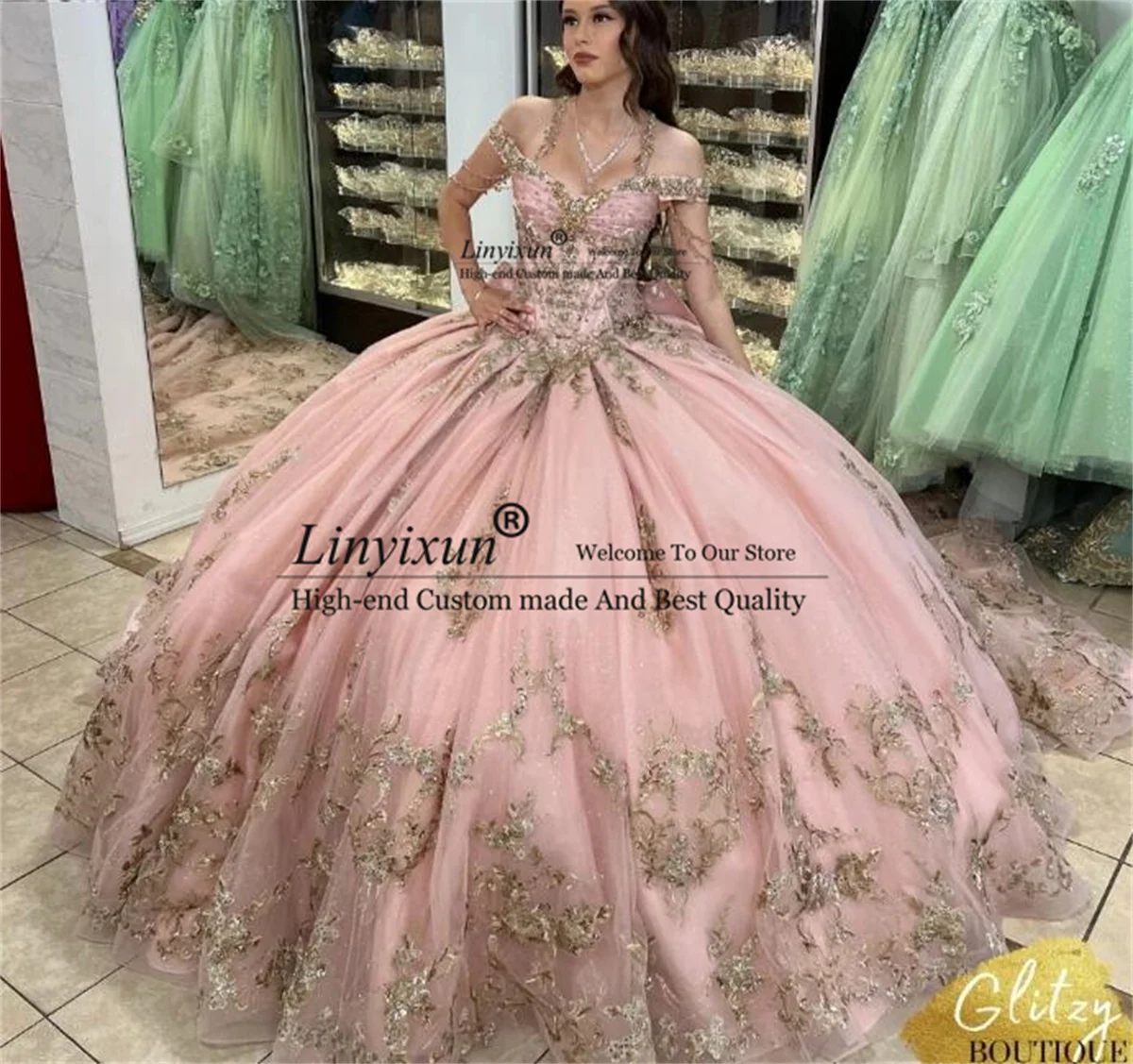 

Розовое платье принцессы Quinceanera, бальное платье с золотой кружевной аппликацией и бисером, мексиканский корсет Sweet 16, индивидуальное платье Vestido De 15 Anos T