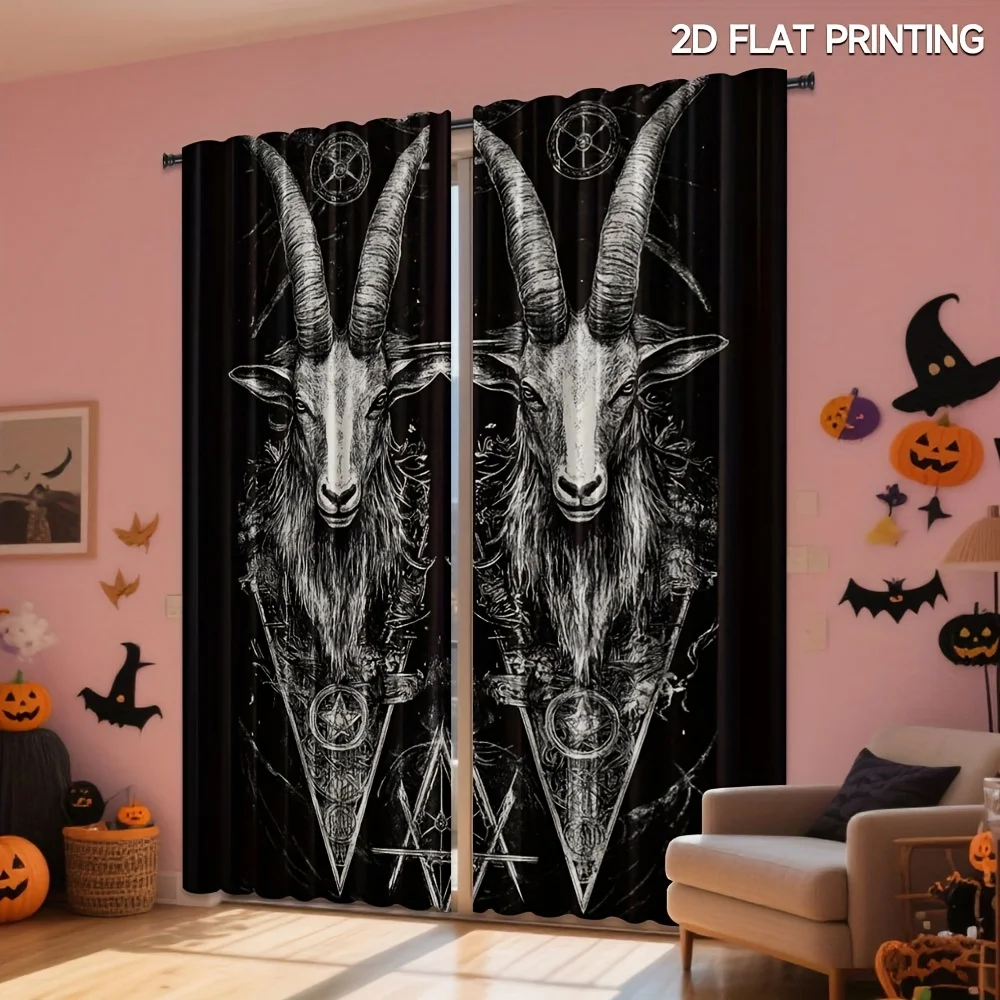 Gothic Goat Head Blackout Curtains - Dark Art and Occult Symbol Print Window Drapes for Living Room Bedroom Decor