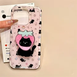 Large hole IND strawberry cake small black cat phone case with cat phone holder for iPhone 11 12 13 14 15 16 pro max