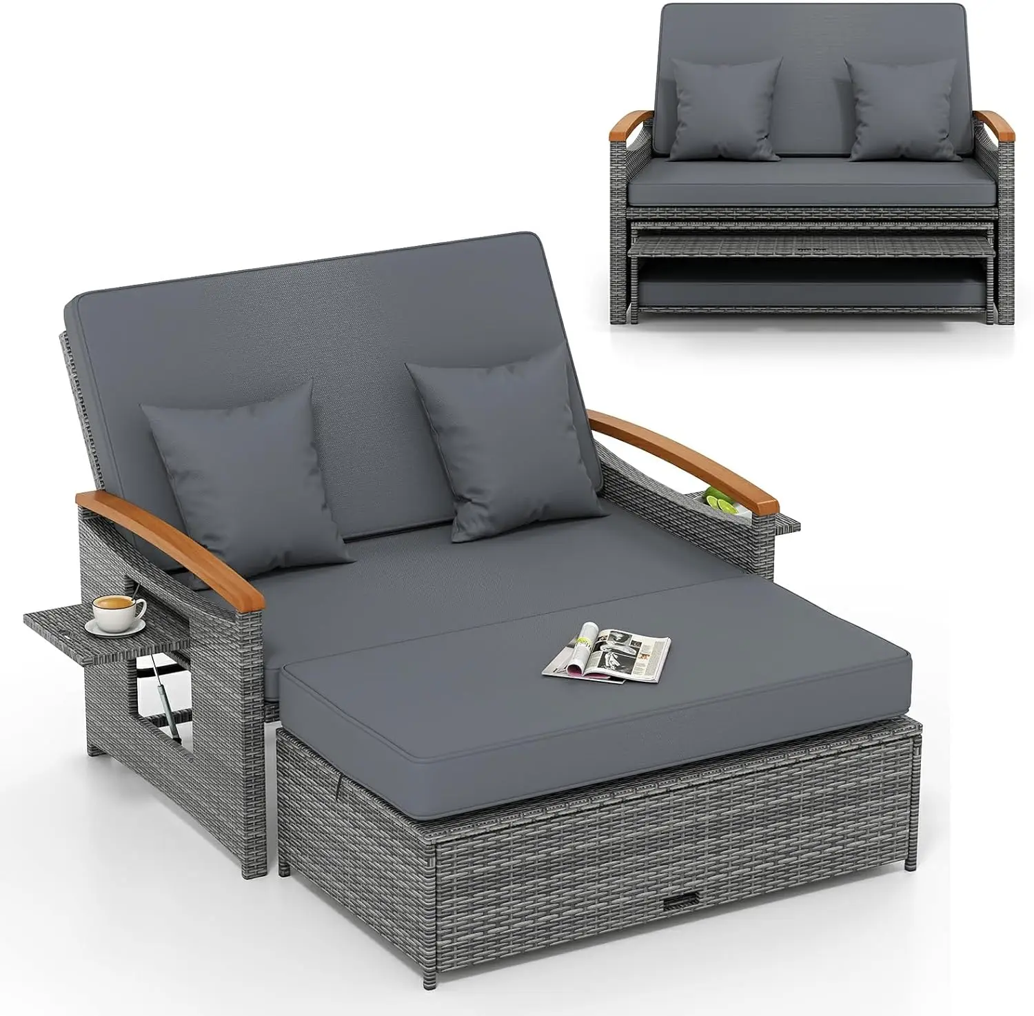 

Уличная плетеная кушетка Moccha, двухместный диван из ротанга для патио с 4-уровневой регулируемой спинкой, складными панелями и оттоманкой для хранения