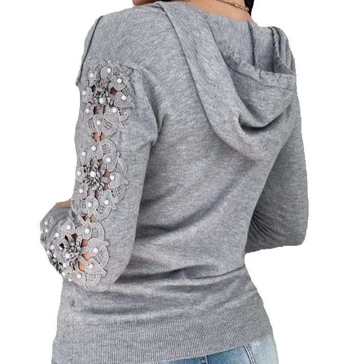 

Women's Hooded Contrast Lace Zip Up Knit Sweater Female Daily Clothing Autumn Fashion Woman Casual 100% Acrylic Long Sleeve Top