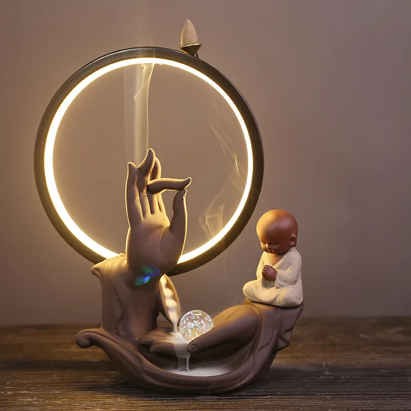Creative purple sand backflow incense road Buddha's hand monk LED light circle entrance ornament