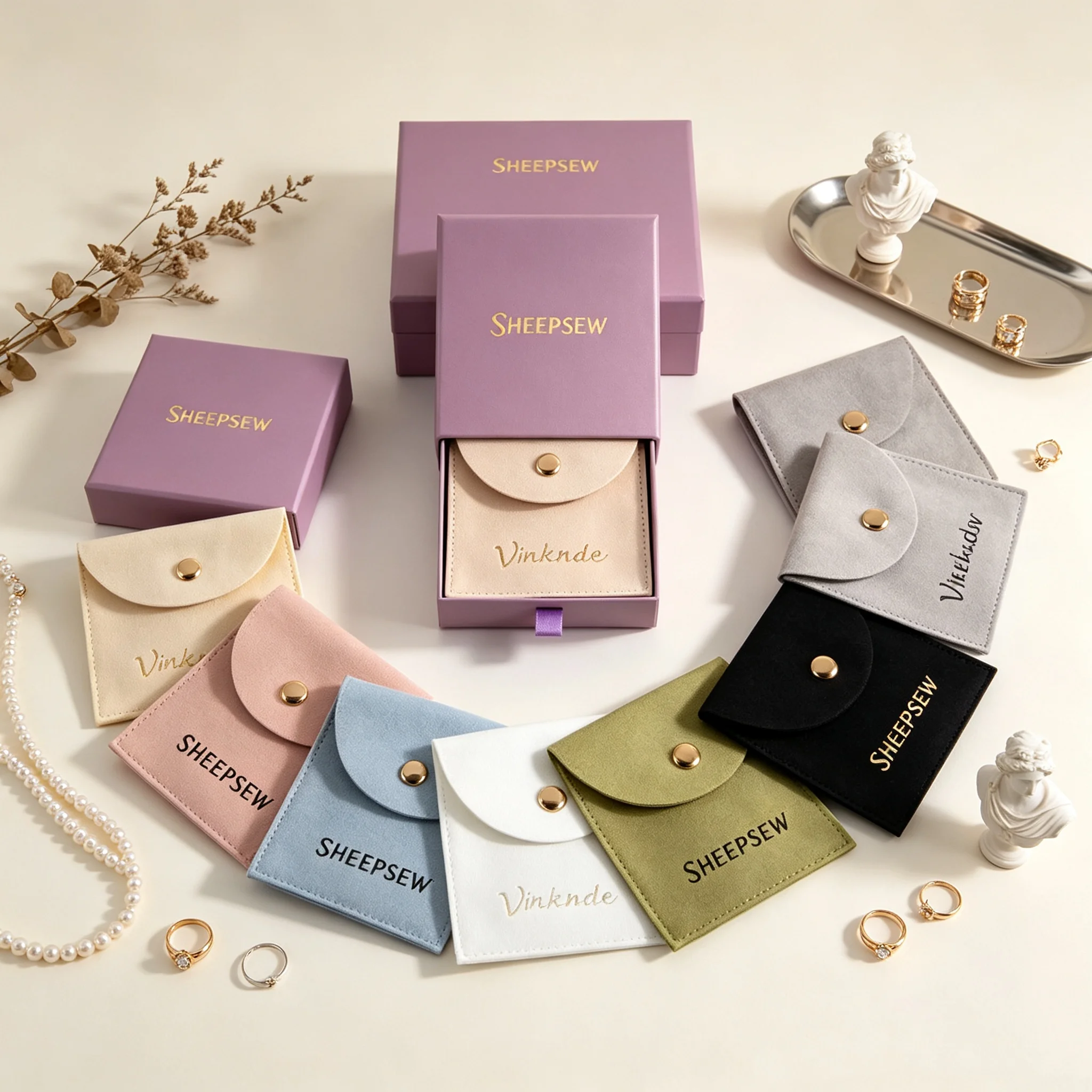 SHEEPSEW Wholesale 50Pcs Custom Logo Luxury Jewelry Drawer Box Set, Cardboard Packaging Box with Microfiber Suede Snap Pouch for