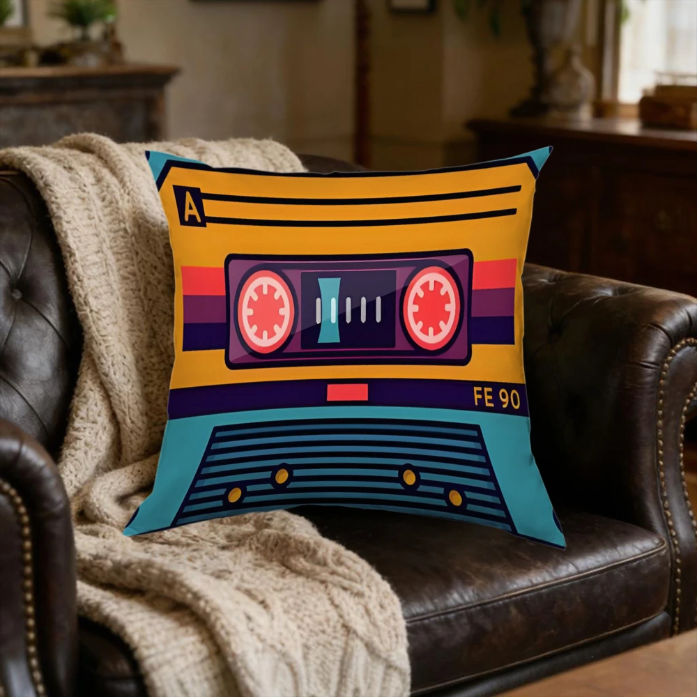 1Pc Retro Cassette Tape Cushion Cover Yellow Purple Blue Music Print Sofa Bedroom Decor Soft Removable Washable