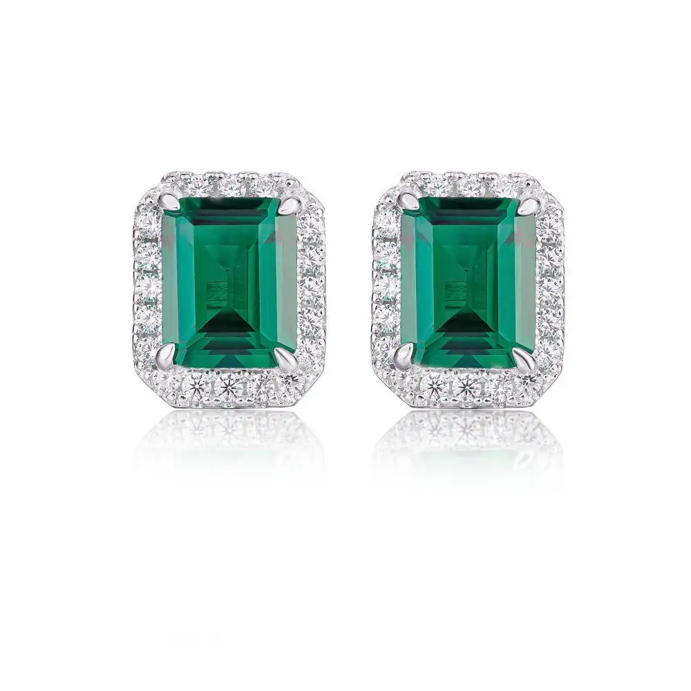 

S925 sterling silver colored treasure square zirconium stud earrings female emerald fashion versatile trend fashion