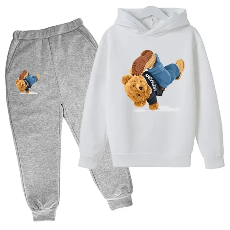 Kids Spring/Autumn/Winter Hoodie+Pants 2pcs Sets 3-14T Children\'s Street Dance Cartoon Bear Print Boys Girls Childre Tracksuits