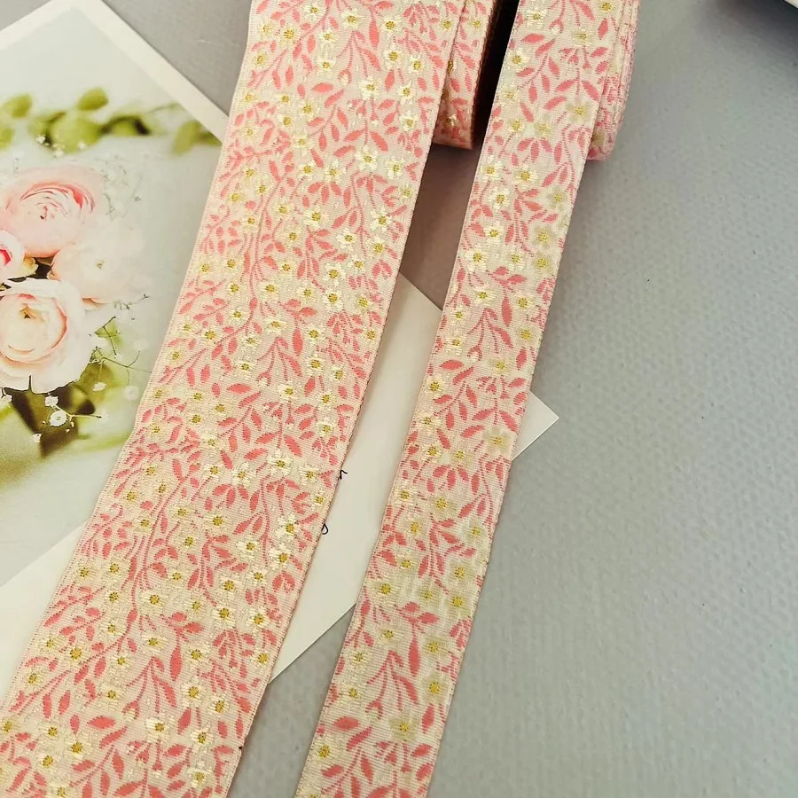 10 Yards /Lots Ethnic Style Webbing Woven Jacquard Ribbon 2.5-5 CM  Pink small flowers For Garment Straps Accessory IS-3311