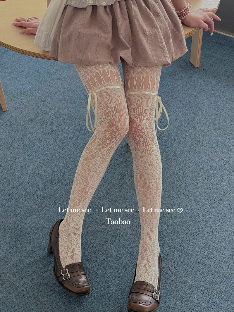 Japanese Lolita Style Sexy Tights Millennial Hot Girl Retro Ribbon Bow Lace Fishnet Stockings Popular Y2K Slimming Pantyhose